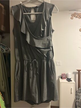 Women's Gray Ruffle-Trim Drawstring one piece shorts.